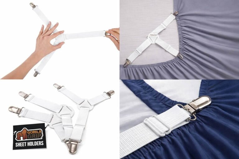 adjustable bed sheet holder straps with metal clips securing fitted sheet on mattress corner