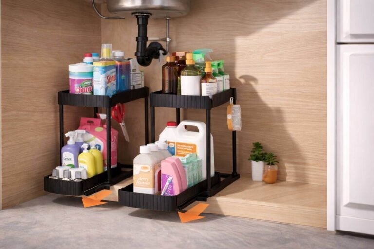 Pull-out under sink organizer for kitchen cabinet storage with two-tier sliding drawers