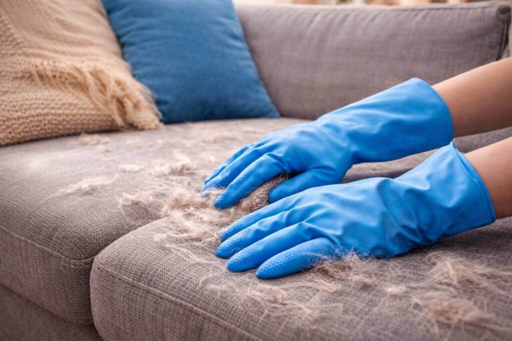 How to Remove Pet Hair from Furniture (10 Easy Methods That Work) 3 removing pet hair from couch using rubber gloves