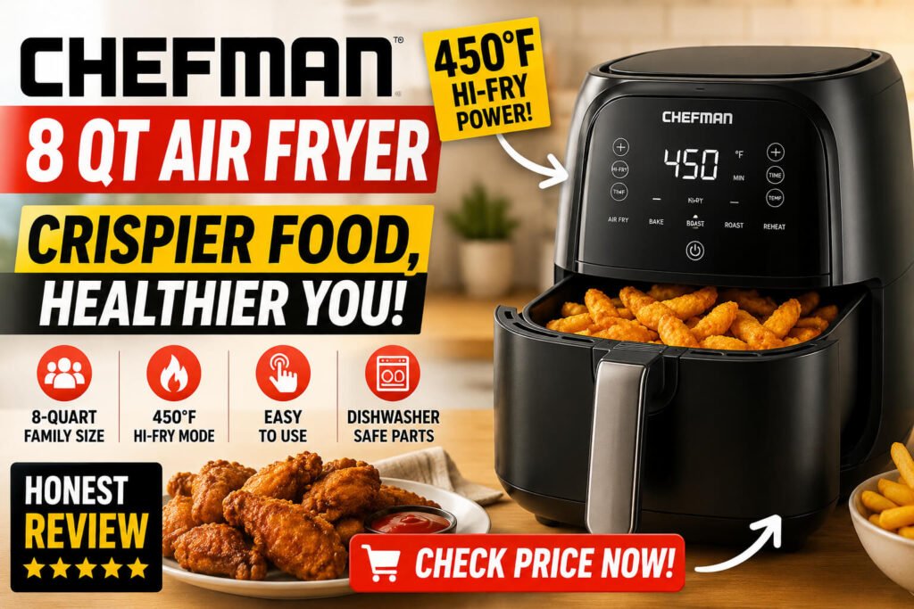 Chefman 8 Qt Air Fryer review with 450°F Hi-Fry mode and family-size cooking features