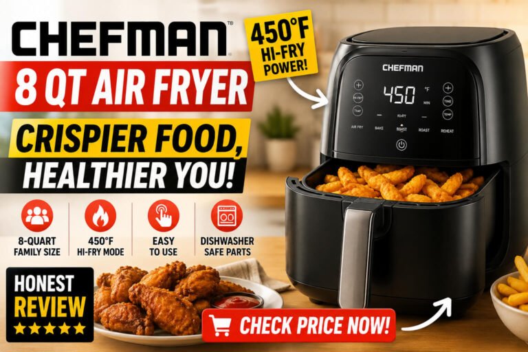 Chefman 8 Qt Air Fryer review with 450°F Hi-Fry mode and family-size cooking features
