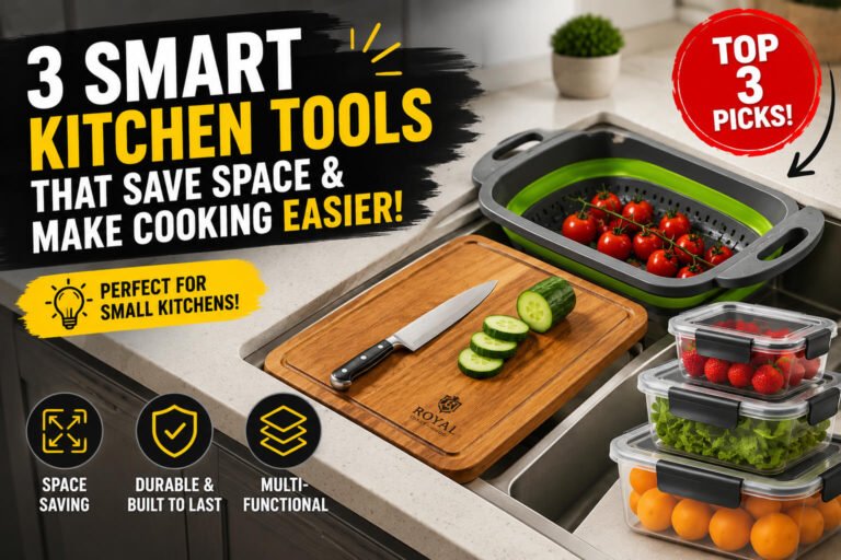 3 smart kitchen tools for small kitchens including a wooden cutting board, collapsible colander, and stackable food containers