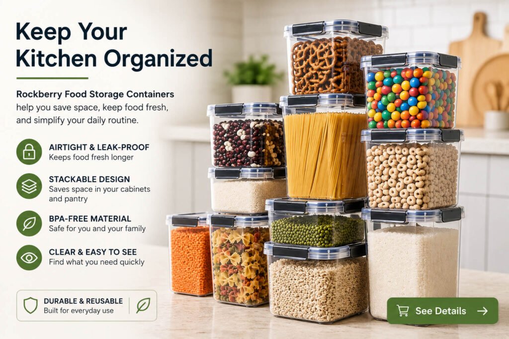 Rockberry food storage containers with airtight leak-proof stackable design for kitchen organization