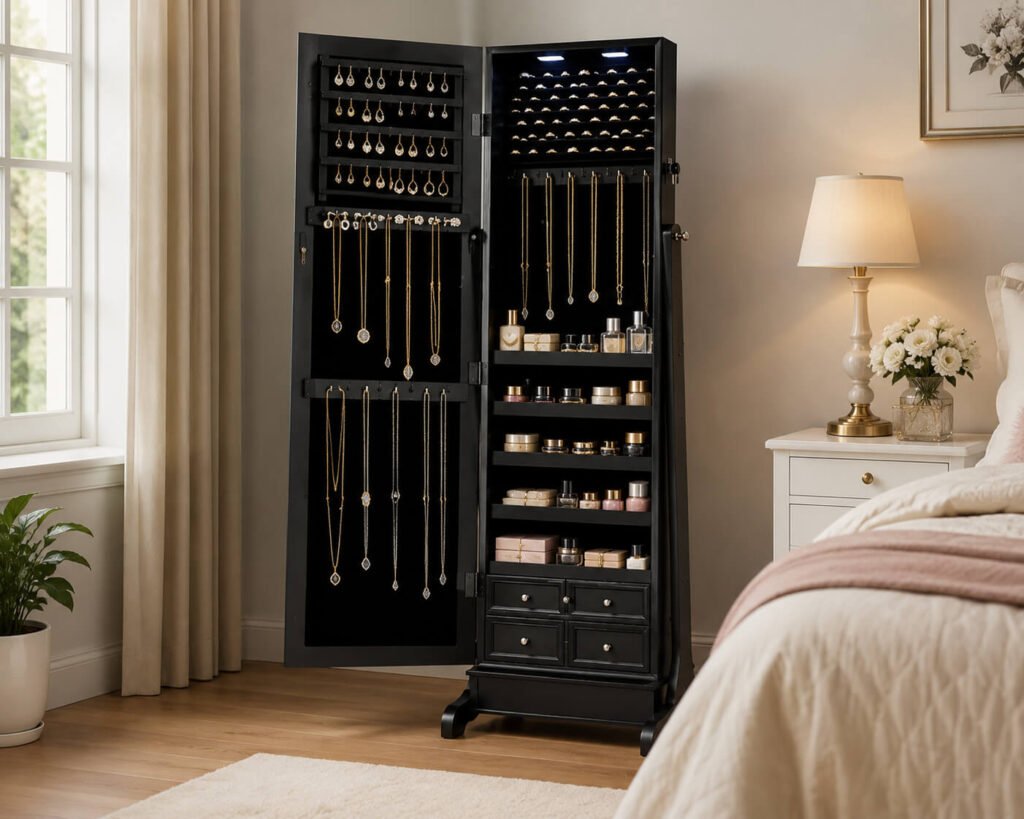 How to Eliminate Clutter With 4 Home Organization Solutions 3 SONGMICS Jewelry Armoire Cabinet with full length mirror and organized jewelry storage