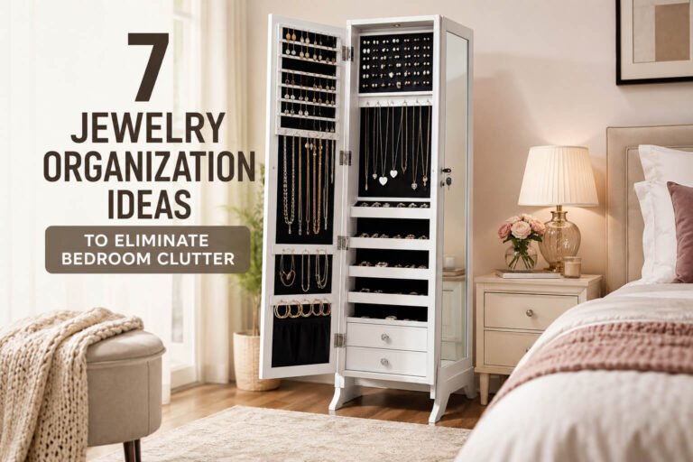 7 Jewelry Organization Ideas featuring SONGMICS Jewelry Armoire Cabinet in a modern bedroom
