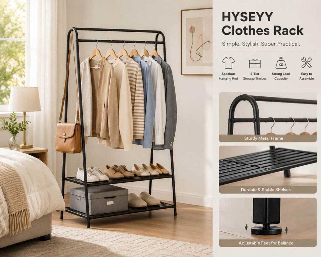 How to Eliminate Clutter With 4 Home Organization Solutions 6 HYSEYY Clothes Rack with double hanging rods and storage shelves in a modern bedroom