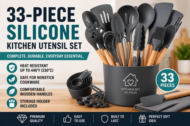 33 Piece Silicone Kitchen Utensils Set with Wooden Handles