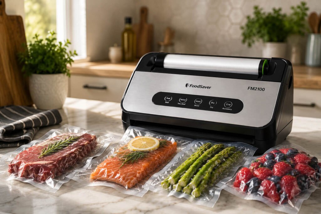 How to Keep Food Fresh Longer in 7 Simple Steps 2 FoodSaver FM2100 vacuum sealer with vacuum sealed food bags on a modern kitchen countertop