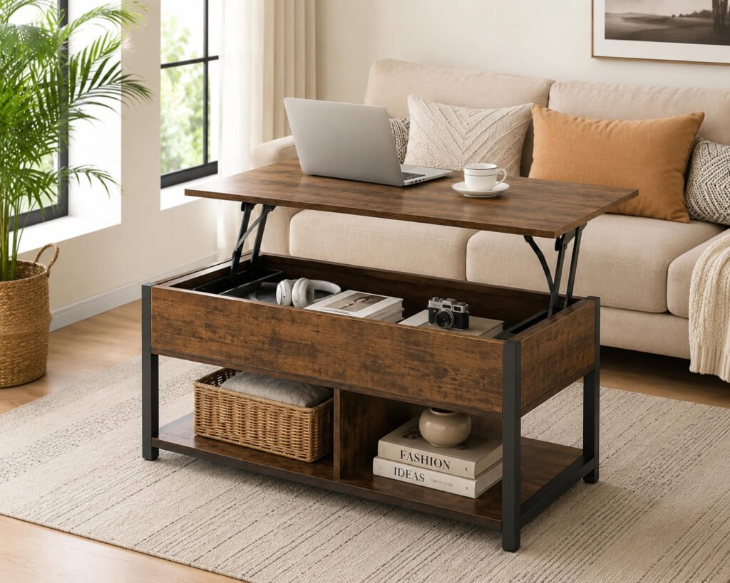 How to Eliminate Clutter With 4 Home Organization Solutions 8 Seventable Lift Top Coffee Table with hidden storage and lift top workspace in a modern living room